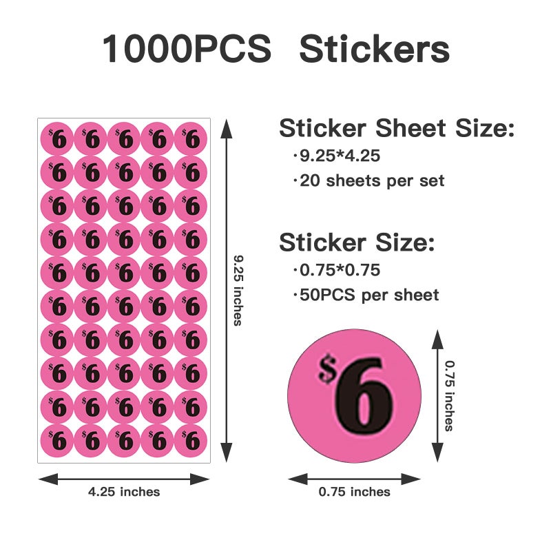 DUGUTUL 1000 pcs $6 Color-Coded Price Stickers for Garage Sale and Flea Market, 3/4"" Diameter - Bold Fonts, Clear Visibility, High Visibility, Easy Organization - Image 2